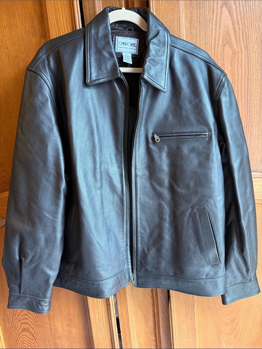 Vintage Cherokee Chocolate Brown Leather Bomber Jacket with Zip Pocket